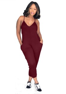 Red Wine Polyester Pockets Patchwork Fashion sexy Jumpsuits & Rompers
