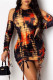 Red Fashion Sexy Print Draw String Strap Design O Neck Printed Dress