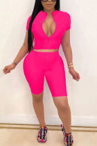 rose red Polyester Fashion Sexy adult Ma'am Solid Two Piece Suits pencil Short Sleeve Two Pieces