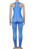 Blue Fashion street Print Striped Sleeveless O Neck Jumpsuits