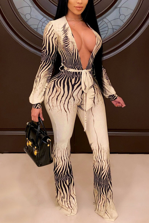 Multicolor Sexy Print Bandage V Neck Straight Jumpsuits