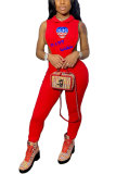 Red Fashion Sexy Print Patchwork letter Polyester Sleeveless Turtleneck Jumpsuits