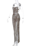 Leopard Print Sexy Leopard High Opening Mesh Spaghetti Strap Irregular Dress Dresses