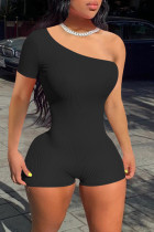 Black Sexy Casual Solid Backless Oblique Collar Skinny Romper