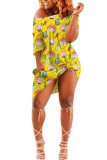 Yellow Fashion Sexy One Shoulder Half Sleeves one shoulder collar Step Skirt Knee-Length Print Dresses