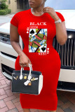 Black Casual Short Sleeves O neck Sheath Knee-Length Print Dresses