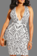 White Sexy Print Patchwork V Neck Pencil Skirt Dresses