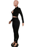 Black Sexy Solid Hollowed Out Fold O Neck Long Sleeve Two Pieces
