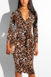 Colour Casual Print Split Joint Turndown Collar Wrapped Skirt Dresses