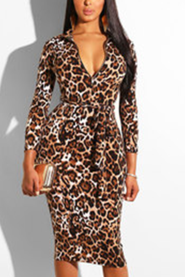 Leopard Print Casual Print Split Joint Turndown Collar Wrapped Skirt Dresses