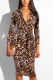 Leopard Print Casual Print Split Joint Turndown Collar Wrapped Skirt Dresses