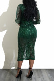 Ink Green Fashion Sexy Patchwork Sequins See-through Slit V Neck Evening Dress