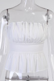 White Sweet Solid Backless Fold Strapless Mid Waist Tops