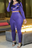 Purple Fashion Sexy Solid Hollowed Out V Neck Long Sleeve Two Pieces