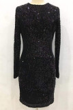 Black Polyester Sexy Cap Sleeve Long Sleeves O neck Step Skirt skirt Sequin Solid Club Dresses