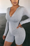 Grey Fashion Casual Solid Basic Zipper Collar Long Sleeve Skinny Romper