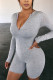Grey Fashion Casual Solid Basic Zipper Collar Long Sleeve Skinny Romper