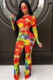 Red Sexy Two Piece Suits Print pencil Long Sleeve Two-piece Pants Set