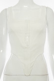 White Sexy Solid Split Joint Buttons Backless Spaghetti Strap Tops