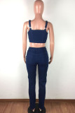 Blue Sexy Polyester Embroidery Embroidered Make Old Split Joint Backless Spaghetti Strap Sleeveless Spaghetti Strap Short Two Pieces