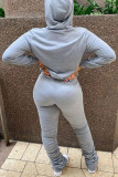 Grey Casual Print Patchwork Hooded Collar Long Sleeve Two Pieces