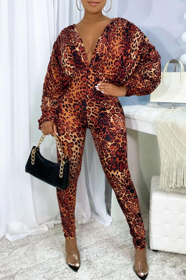 Leopard Print Fashion Sexy Leopard Backless V Neck Regular Jumpsuits