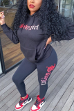 Black Casual Print Letter Hooded Collar Long Sleeve Two Pieces