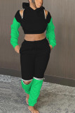 Green Fashion Casual Patchwork Solid Ripped Patchwork Pants Hooded Collar Long Sleeve Regular Sleeve Short Two Pieces