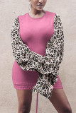 Pink Fashion Sexy Leopard Patchwork O Neck Long Sleeve Dress