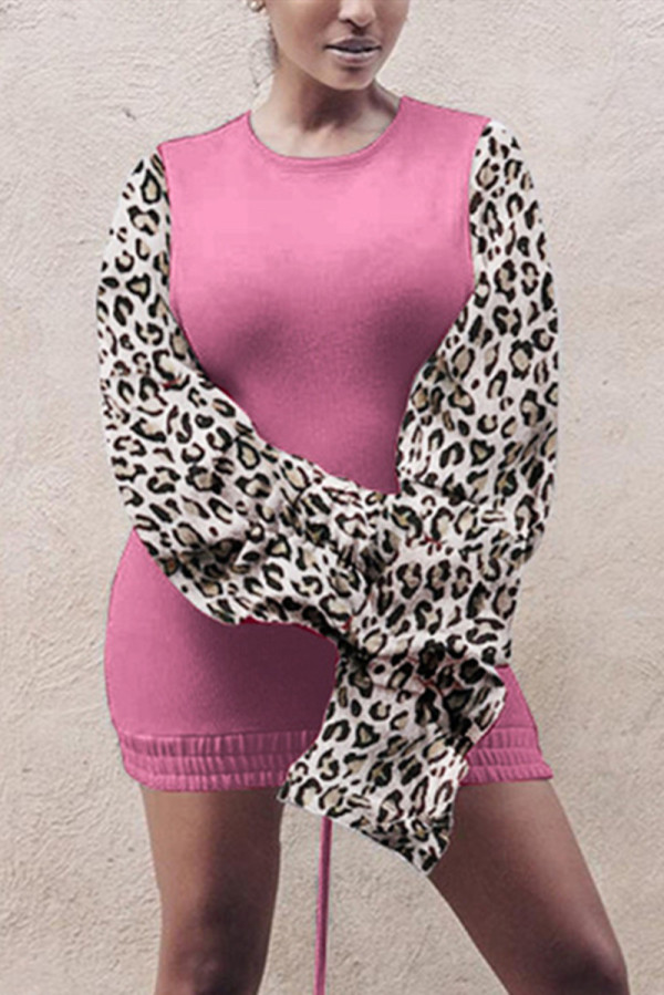Pink Fashion Sexy Leopard Patchwork O Neck Long Sleeve Dress