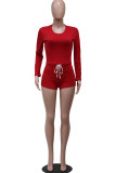 Red Fashion Active adult Ma'am Solid Two Piece Suits Straight Long Sleeve Two Pieces