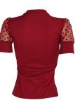 Red Fashion Casual Embroidery Patchwork O Neck Tops