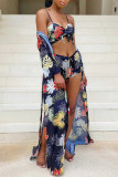 Light Blue Fashion Sexy Print Basic Swimwears Three-piece Set