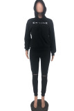 Red British Style Letter Print Ripped Hooded Collar Long Sleeve Two Pieces