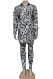 White British Style Print Turndown Collar Long Sleeve Two Pieces