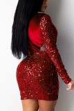 Red Sexy Adult Solid Sequins Split Joint O Neck Pencil Skirt Dresses