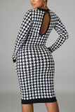 Black White Casual Plaid Patchwork O Neck Wrapped Skirt Dresses