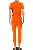 Orange venetian Fashion Casual adult Ma'am Solid Two Piece Suits pencil Short Sleeve Two Pieces
