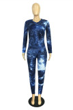 Dark Blue Fashion Casual Print Tie-dye V Neck Long Sleeve Two Pieces