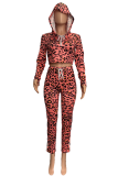 Red Casual Leopard Patchwork Hooded Collar Long Sleeve Two Pieces