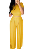 Yellow Casual Polyester Solid Split Joint O Neck Short Sleeve Short Two Pieces