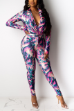Multicolor Street Print Patchwork Turndown Collar Long Sleeve Two Pieces