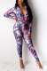Pink Purple Street Print Patchwork Turndown Collar Long Sleeve Two Pieces