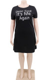Black Casual O Neck Letter Print Solid Plus Size