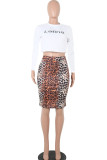 Brown Sexy Two Piece Suits Leopard Print Patchwork Hip skirt Long Sleeve