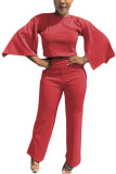 Red Polyester Fashion adult Ma'am OL Solid Two Piece Suits Straight Three Quarter Two Pieces