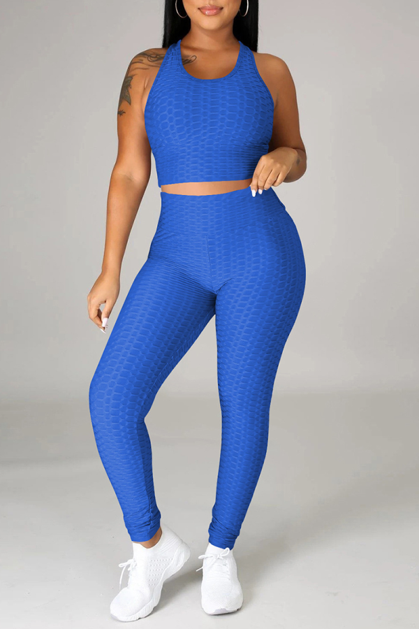 Blue Sportswear Solid Patchwork O Neck Sleeveless Two Pieces