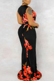 Black and red Sexy Long Sleeves V Neck pleated Floor-Length Print Patchwork Dresses