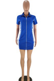 Blue Casual Short Sleeves Mandarin Collar Step Skirt Mini Print Patchwork chain Dresses