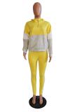 Yellow Fashion adult Casual Two Piece Suits Patchwork Zippered pencil Long Sleeve